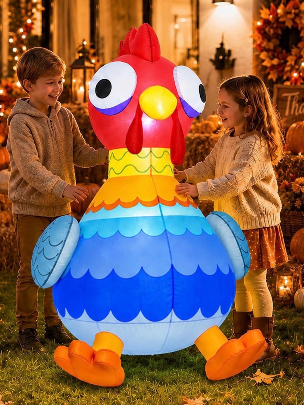 Colorful Inflatable Chicken Yard Decor - Blue & Red